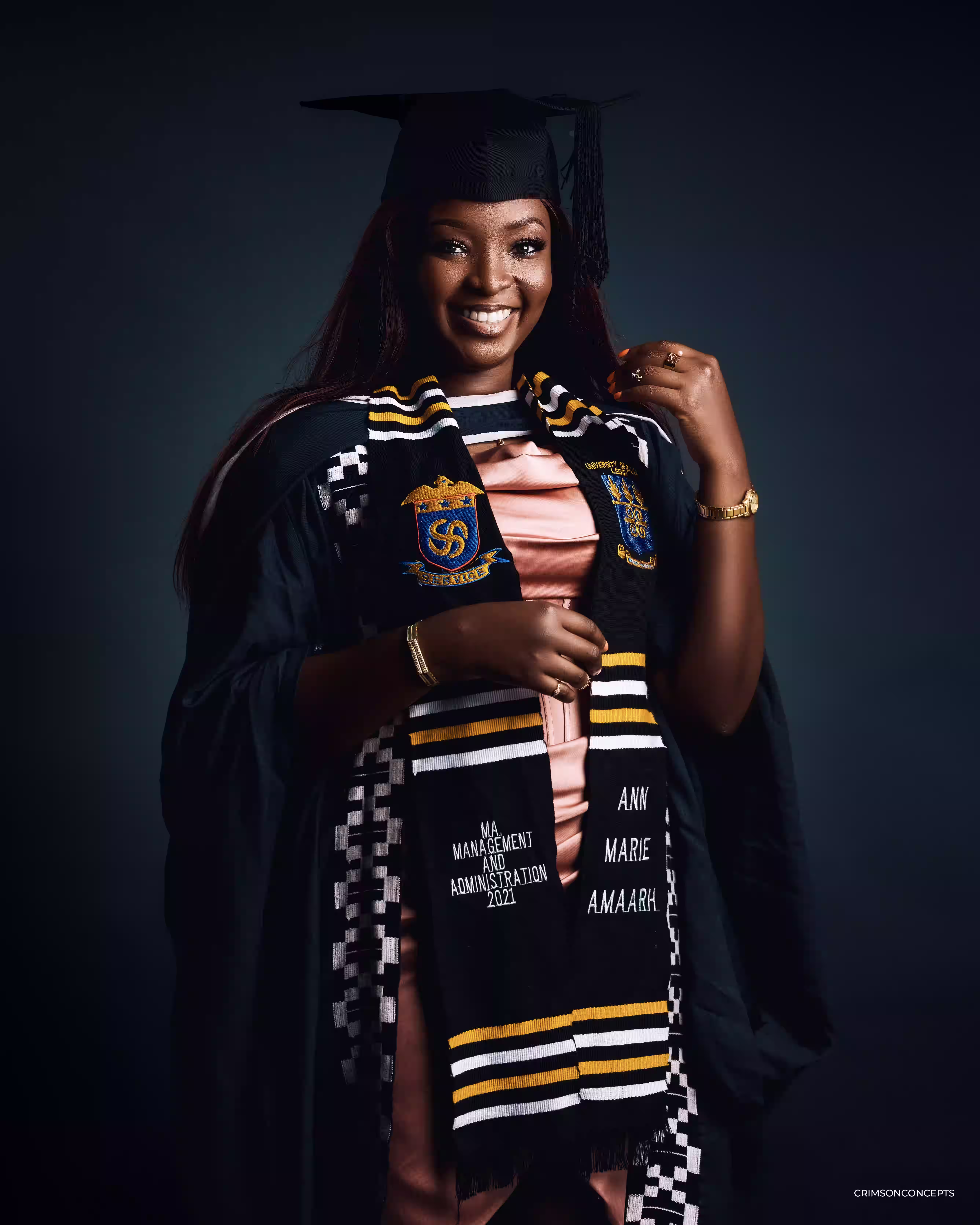Graduation portrait photography Accra Ghana — Studio cap and gown session 2025 by Crimson Concepts