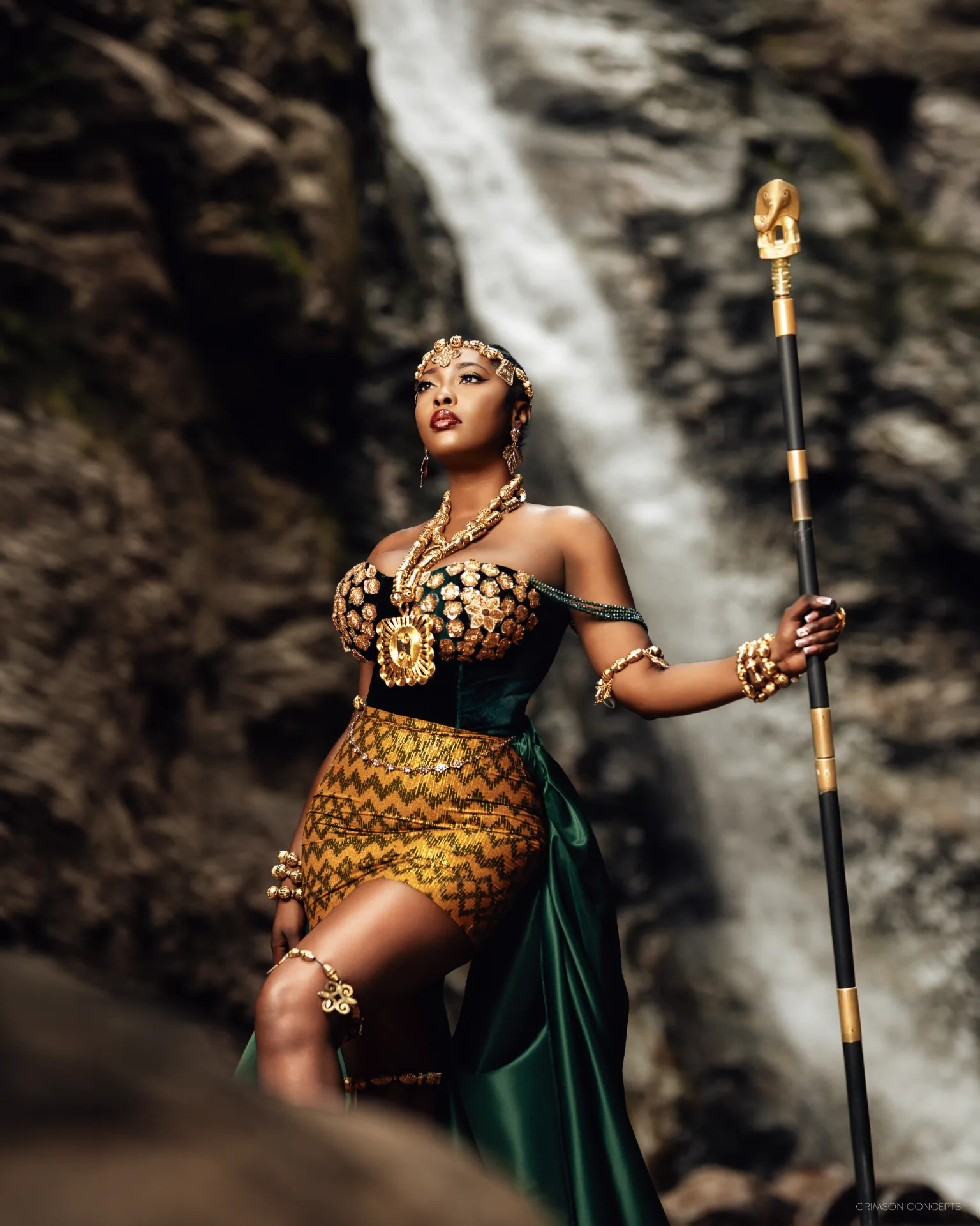 Fashion editorial photography by Crimson Concepts, Accra Ghana — styled fantasy concept shoot, waterfall