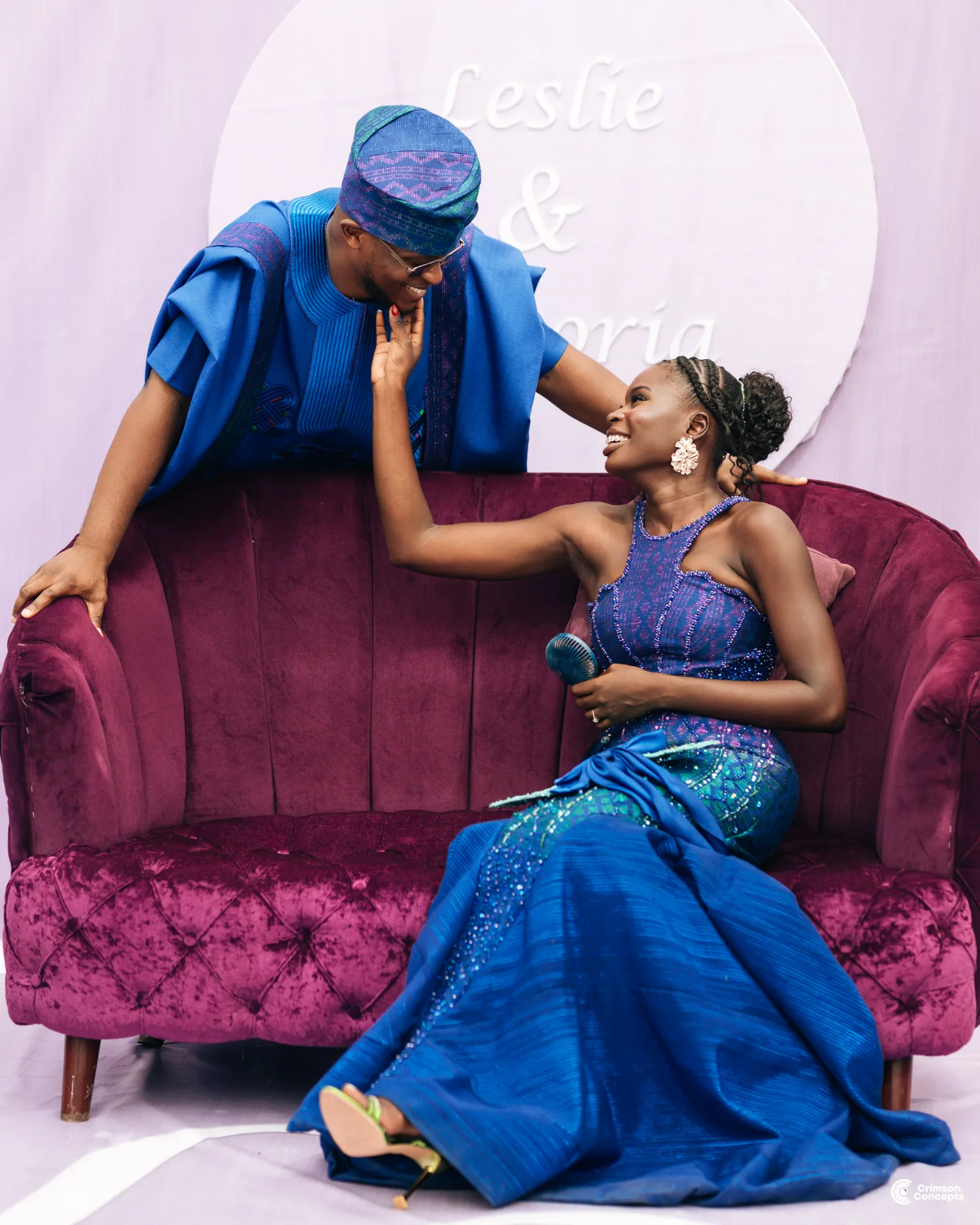 Glamour wedding portrait photography by Crimson Concepts, Accra Ghana — styled sofa portrait
