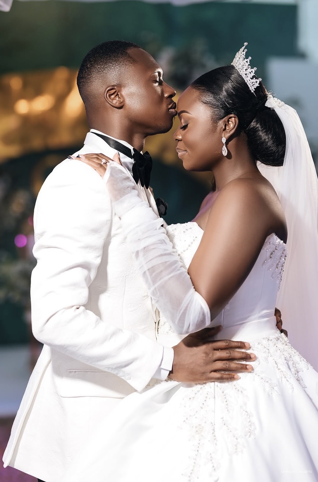 Presto one-day wedding collection — bride and groom forehead kiss, Crimson Concepts, Accra Ghana